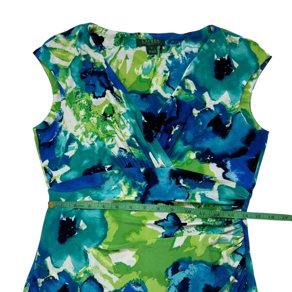 RALPH LAUREN LRL Watercolor Jersey Knit V-neck Dress Size 8 Blue Green Bodycon - Picture 9 of 10